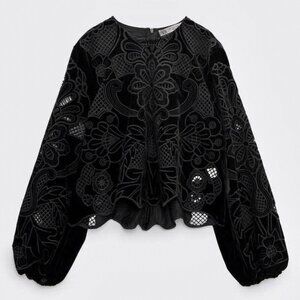 Zara Velvet Black Floral Embroidered Blouse